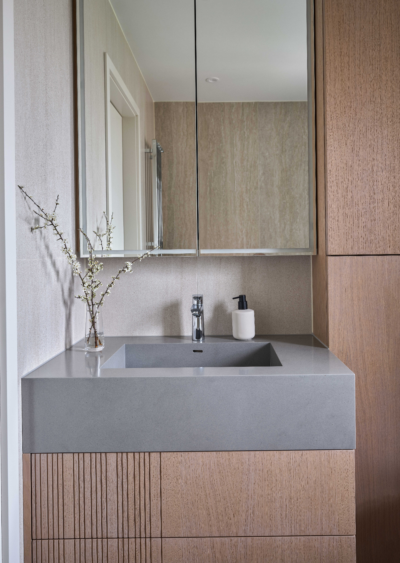 Stone & Oak Bath — contemporary bathroom with fluted oak vanity and grey quartz basin by Studio 32